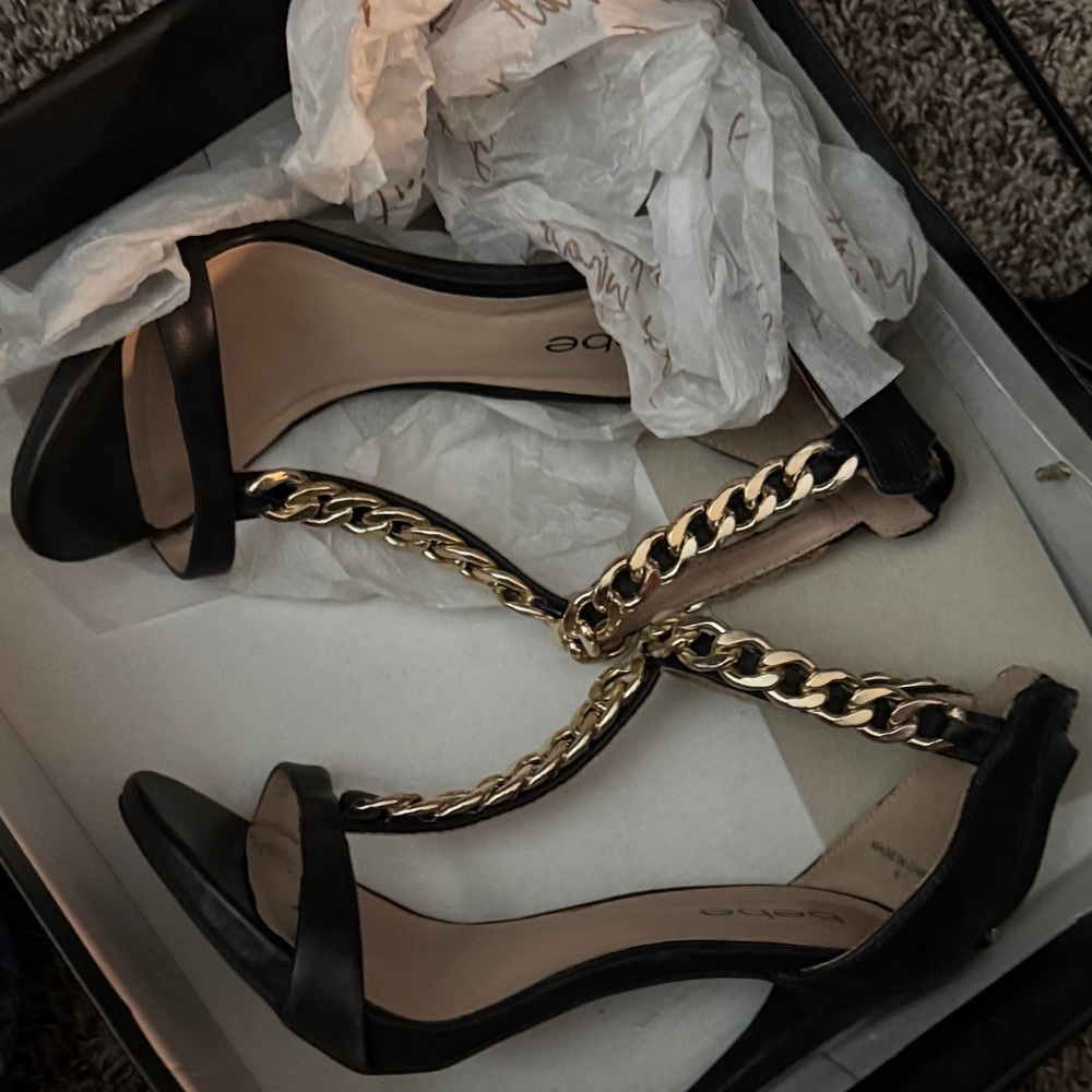 Bebe Black Heels with Gold Chain Detail